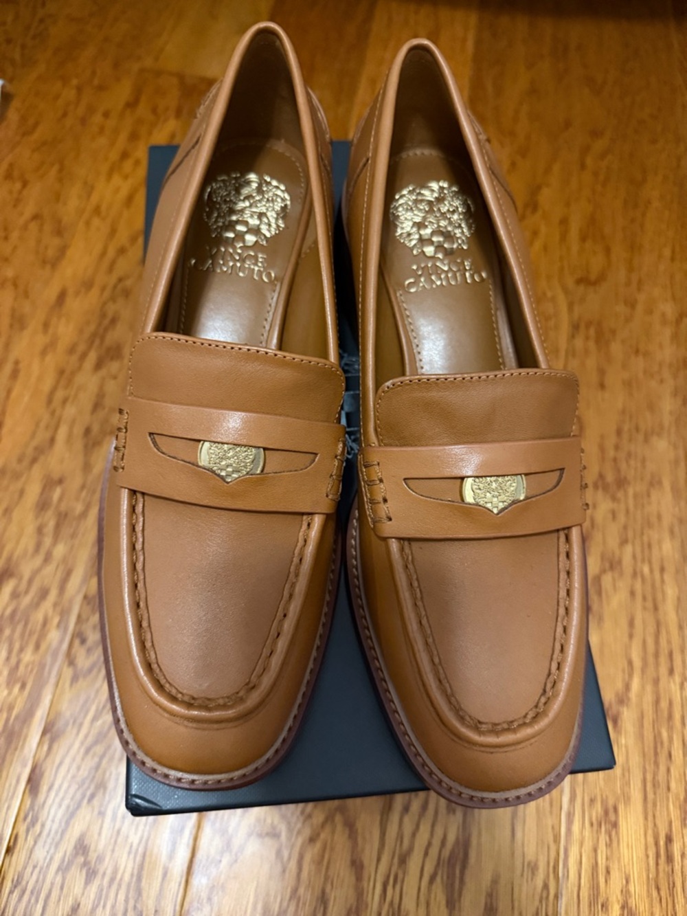 Vince Camuto Erinesa Block Penny Loafers with Gold Crest